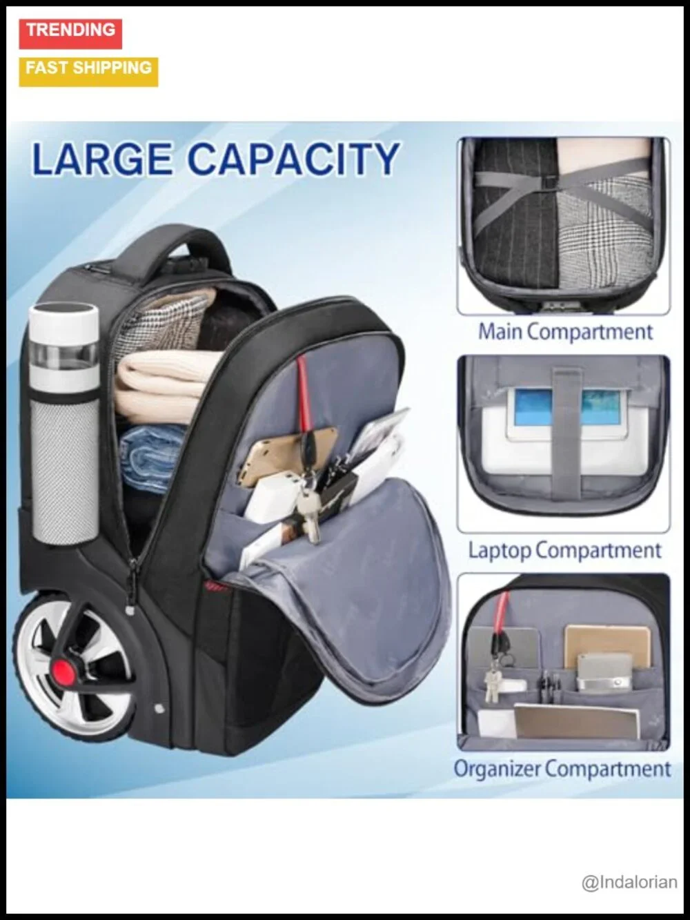 Rolling Backpack with Wheels, Large Travel Laptop Backpack, Anti-Theft Lock